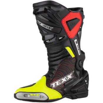 BOTA TEXX PISTA PRETA VERMELHA E AMARELA
